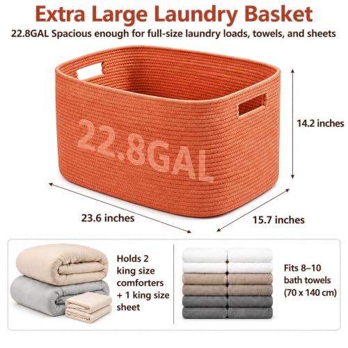 Image of 22.8GAL Extra Large Collapsible Laundry Basket for Dirty Clothes,Shoes, Sturdy Portable Aesthetic Boho Heavy Duty Wicker Hamper for Living Room Thow Pillows Blankets Storage Organizer,Terracotta