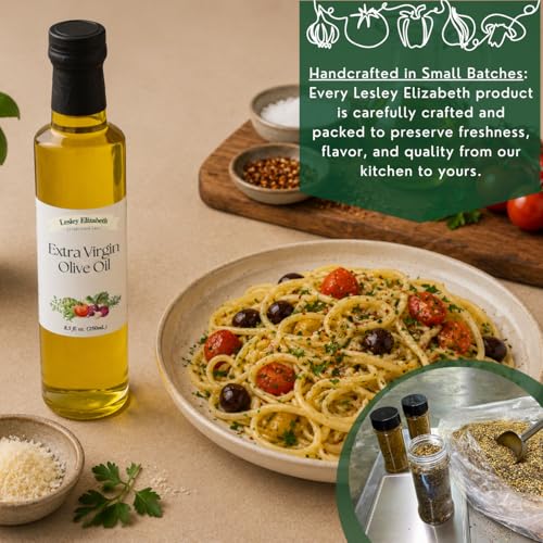 Image of Lesley Elizabeth Extra Virgin Olive Oil, 8.5 fl oz - Smooth Premium EVOO for Dipping, Drizzling, Dressings, Sauteing, Roasting & Everyday Cooking - All-Natural, Plant-Based
