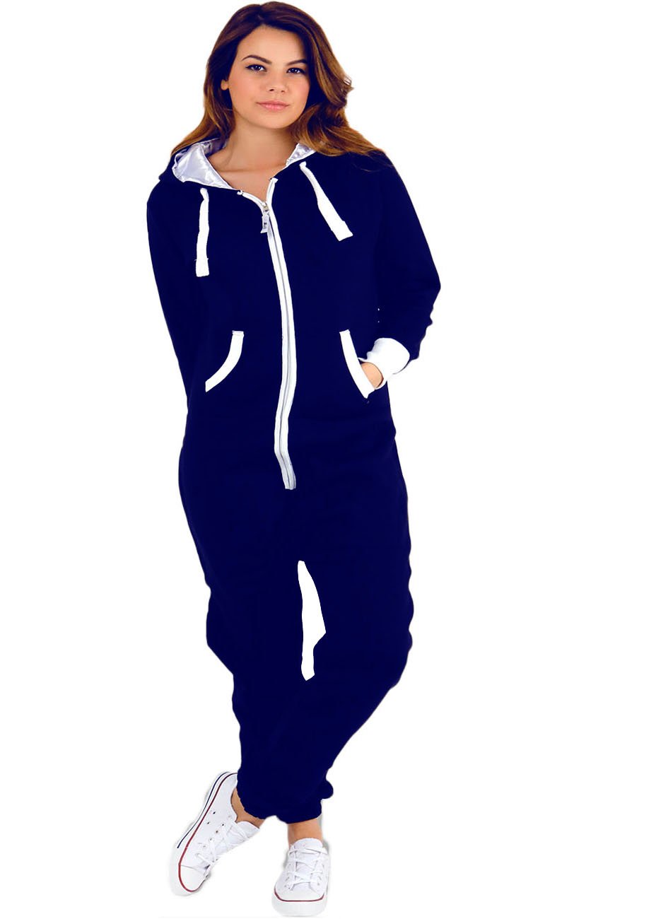 Parsa Fashions Women's Navy ® Plain Zipper Onesie Onepiece All In One Hooded Zip Up Overall Jumpsuit Playsuit S-Xl 8-16 (S, )