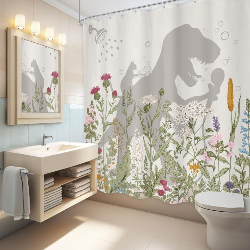 Image of Kids Dinosaur Cute Cat Wildflower Boys Bathroom Shower Curtain Set