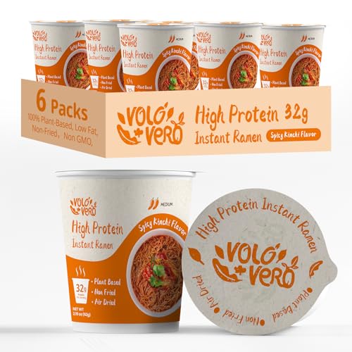 VOLO VERO High Protein (32g) Ramen Noodles Cup Variety Pack, Plant-Based, Non-Fried, Vegan, Low Fat | Chicken, “Spicy” Beef, Kimchi, Curry Flavors | 6-Packs, Quick Healthy Asian Meal