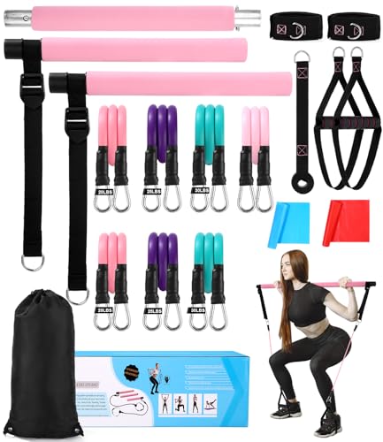 Fitnessbänder Pilates Bar Set mit 6 Widerstandsbänder (20/25/30 Lbs) Verstellbare Resistance Bands Pilates Stange, Fitnessband mit Türanker, Griffe, Knöchelriemen, Pilates Set für Home Gym Yoga