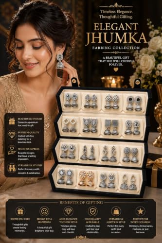 Image of Mirakii Jewels Oxidized Silver Jhumka Earrings Set for Women & Girls (16 Pairs) | Traditional Jhumki Combo | Multi Design Jhumka Collection with Premium Gift Box