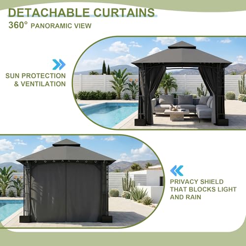 Devoko - Cenador de jardín (3,3 x 3,3 m, con 4 macetas, aluminio, pabellón de jardín, doble techo, aireado, marco follaje, cortinas desmontables, protección UV e impermeable, ideal para exteriores - imagen 7