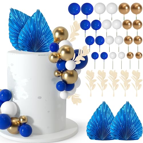 NEBURORA 64 Pcs Balls Cake Toppers and Leaves Decoration Set Mini Balloons for Cake Decorating Supplies Balls Cake decorations for Baby Shower Cake Toppers Birthday Cake Decorations(Blue Gold?