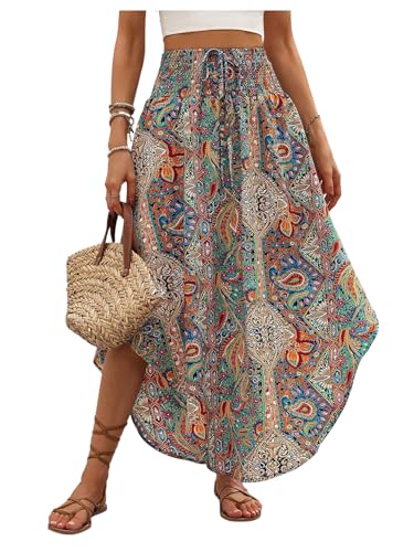 SweatyRocks Women's Boho Skirts Shirred High Waist Summer Beach Asymmetrical Flowy Long Skirt