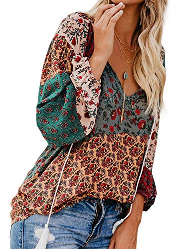 FARYSAYS Women's Fashion 2019 V Neck Long Sleeve Boho Floral Tee Shirts Casual Loose Blouse Tops Multicolored Large