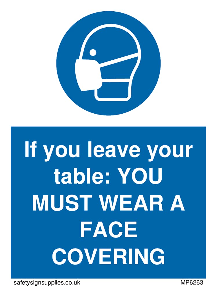 Pack of five - If you leave your table: YOU MUST WEAR A FACE COVERING Sign - 75x100mm - A7P