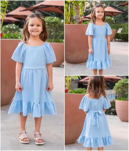 Arshiner Girls Dresses Kids Summer Square Neck Ruffle Hem Belted Dress with Pockets for 5-12 Years4