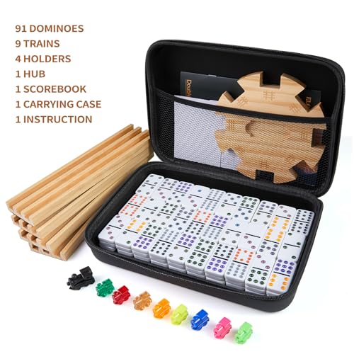 Elongdi Mexican Train Double 12 Dominoes Set With 4 Wooden Trays/Racks In Portable Carrying Case Colorful 91 Tiles & 9 Trains Board Game For Family Game Night thumb #1