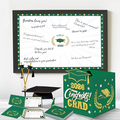 Image of Graduation Decorations Green and Gold 2026 - Guest Book Alternative, Graduation Cards Box with 36PCS Advice Cards, Signature Board Congrats Grad Decoration Graduation Supplies 2026