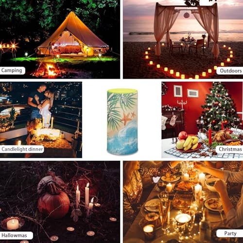 Image of Poceacles Beach Starfish Palm Tree Flickering Flameless LED Battery Candles Pillar Candles Tealight with 18-Key Timer Remote with Colorful Light Safe for Indoor Outdoor Home Coastal Decoration