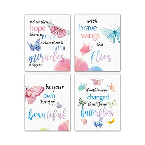 Image of Ryyllh Modern Art Watercolor Butterfly Inspirational Quote Wall Poster Prints Set of 4 (8 inchX10 inchCanvas Picture) Kids Kindergarten Classroom Office Children Girls Room Decor Home Decor Unframed