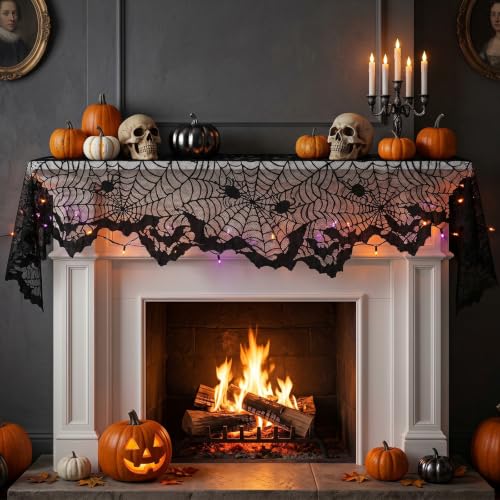 Image of Black Lace Cobweb Halloween Fireplace Mantel Scarf Cover Decor, 18x96 in