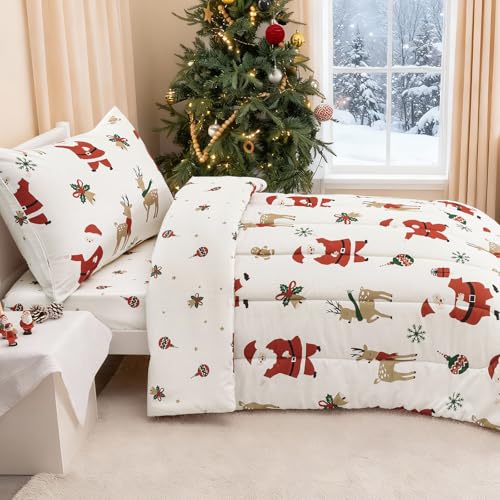 Image of david's kids 4 Piece Toddler Bedding Set - Soft Breathable Toddler Bedding Set for Girls, Includes Quilted Comforter, Flat Sheet, Fitted Sheet and Pillowcase, Christmas