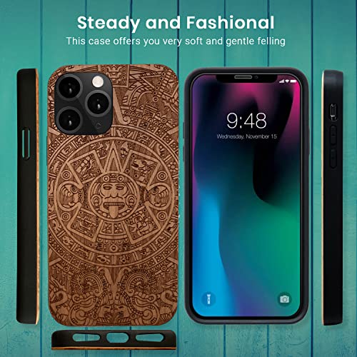 Sevgie Iphone 14 Pro Max Wood Phone Case – Aztec Mayan Calendar- Wooden Protective Case Compatible With Iphone – Eco-Friendly Natural Cherrywood Phone Cover – Shockproof Phone Case Resistant Natural #TOP1