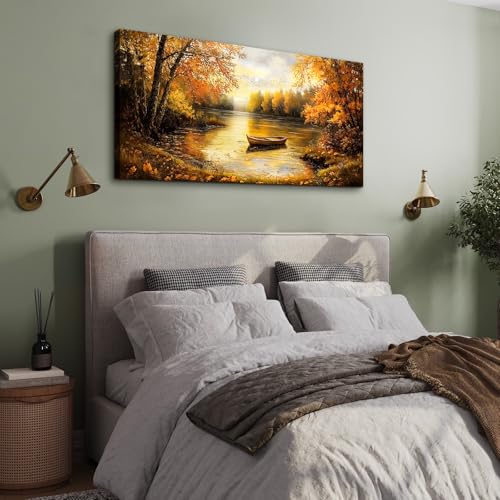 SERIMINO Fall Landscape Large Canvas Wall Art Living Room, Lake Boat Forest Art Prints, Autumn Scenery Nature Decor Pictures, Rustic Gold Paintings Wall Decor Bedroom, Office Decoration 24"X48"