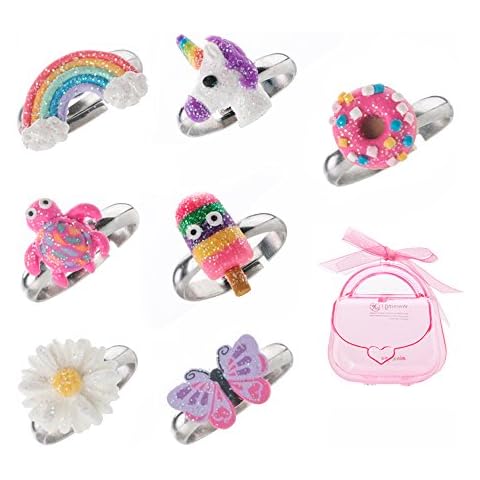 minihope Adjustable Rings Set for Little Girls - Colorful Cute Unicorn Butterfly Rings for Kids, Children's Jewelry Set of 7 Cover