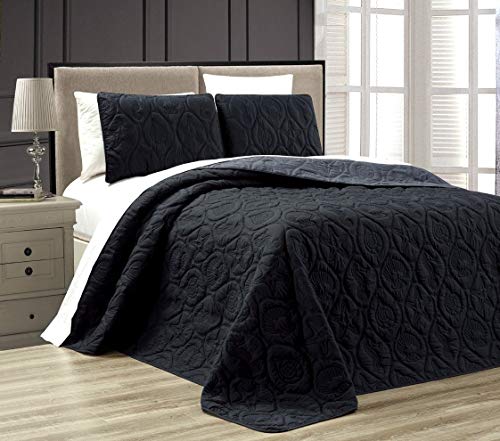 Grand Linen 3-Piece Tropical Coast Seashell Beach King Oversize Oversize Bedspread Grey/Black Reversible Coverlet Embossed Bed Cover Set. Sea Shells, Sea Horse, Starfish etc.