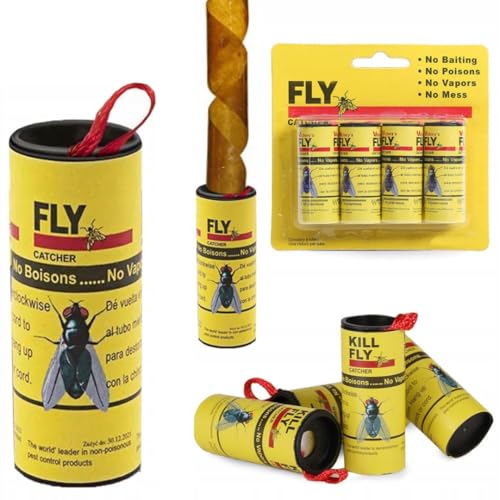 Fliegenfalle Fliegenfänger Leimfalle Insektenfalle Klebefalle Rollen, Premium Ungiftiger Fliegenvernichter gegen Fruchtfliegen, Fliegen, Mücken und Motten Klebestreifen für Innen & Außen (4)