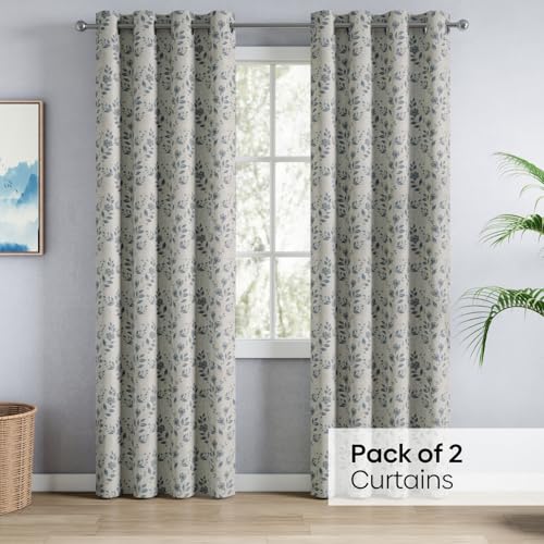 Image of haus & kinder Jacquard Door Curtains 7 Feet Long Pack of 2 Door Curtains, 7 Feet Curtains for Door (Leaf Meadow, Indigo Blue 130x213 CM)
