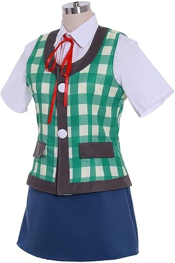 Saniplaycos Women's Anime Cosplay School Uniform Costume Set Green Plaid Vest with White Shirt Blue Skirt