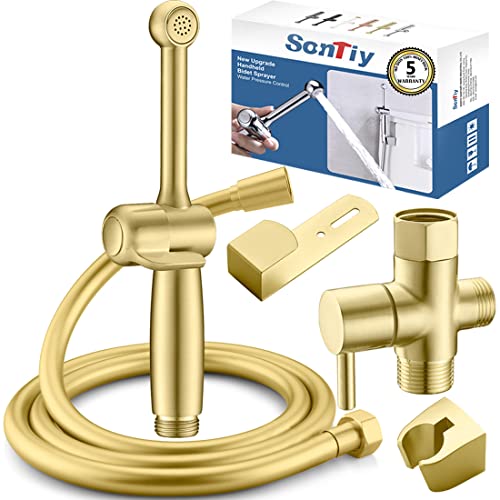 Handheld Bidet Sprayer for Toilet,SonTiy Cloth Diaper Sprayer for Toilet Muslim Shower,Jet Spray for Toilet Seat with Anti-High Water Pressure Bidet+Adjustable Pressure Control-Solid Brass Gold