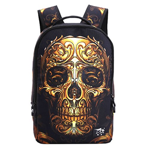Panegy - 3D Mochila de Calavera Cráneo - Bolso Vintage Casual Escolar Unisex de Deporte Marcha Viaje para Hombres Mujeres Chicos Chicas - Dorado