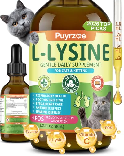 Puyrzoe L-Lysine for Cats Drops Sneezing Runny Nose & Watery Eyes Relief Liquid Cat Lysine Supplement for Immune & Respiratory Support with Taurine & Vitamins to Boost Energy & Appetite 60 mL