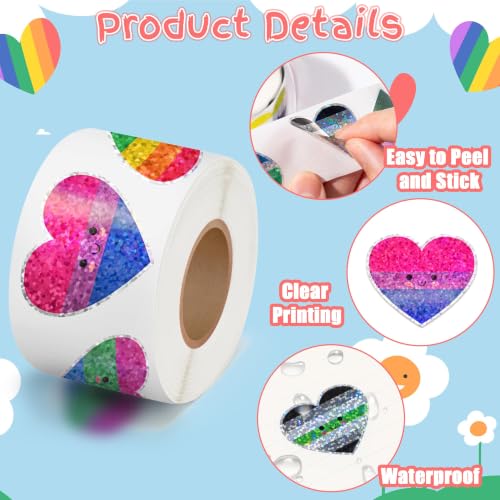 Image of LGBTQ Glitter Heart Sticker - 2Rolls Pride Month Smile Design Waterproof Self Adhesive Residue Free Removal for Laptop Water Bottle Scrapbook LGBTQ Gay Bar Party Decoration Craft Decor