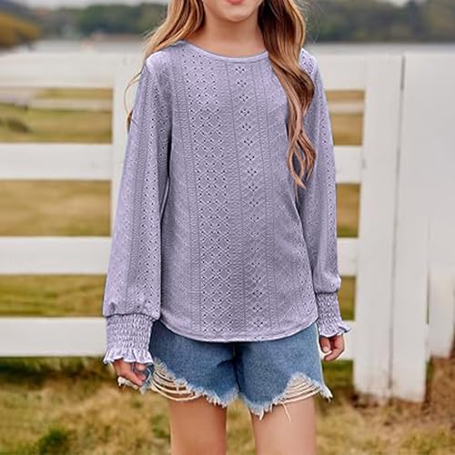 Girls Stylish Eyelet Embroidery Long Sleeve Shirts Teen Girls Dressy Casual Blouse Tunic Cute Vacation Tops Crewneck2