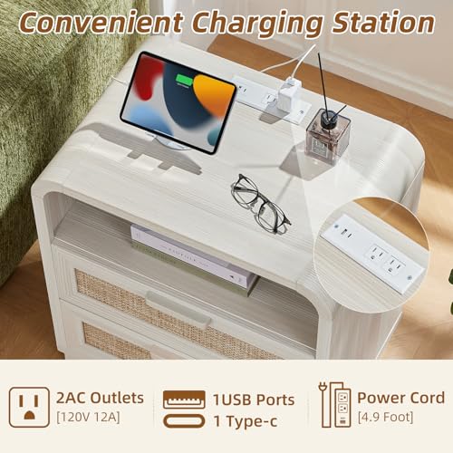 Image of LEYAOYAO Rattan Night Stand with Charging Station, Grey White | 23.6 inch Curved 2 Drawers Nightstand with Storage Shelf & Solid Handle, Boho Bedside Tables for Bedroom, Living Room