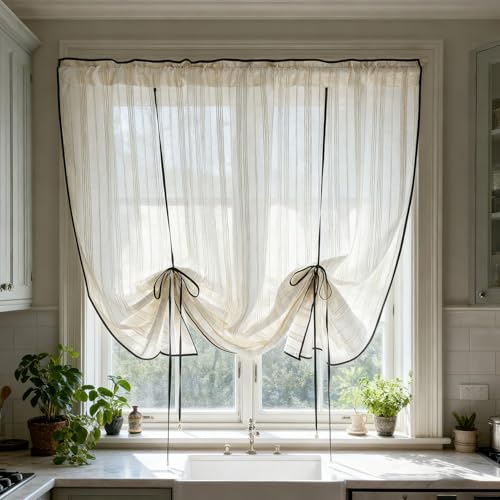 Linen Stripe Tie Up Sheer Curtain Valance for Kitchen Farmhouse
