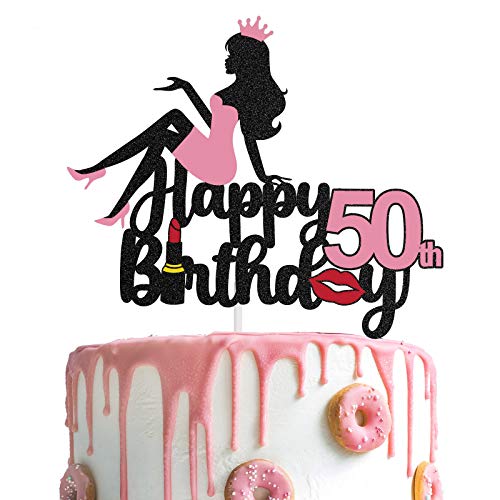 LINGTEER Happy 50th Birthday Crown Queen Lady Thick Paper Cake Topper,Cheers to 50th Years Old fifty Bday Party Cake Decorations Sign.- Pink