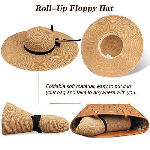 Image of Women Wide Brim Sun Hat UPF50 Straw Summer Hat Floppy Beach Hat Roll-Up