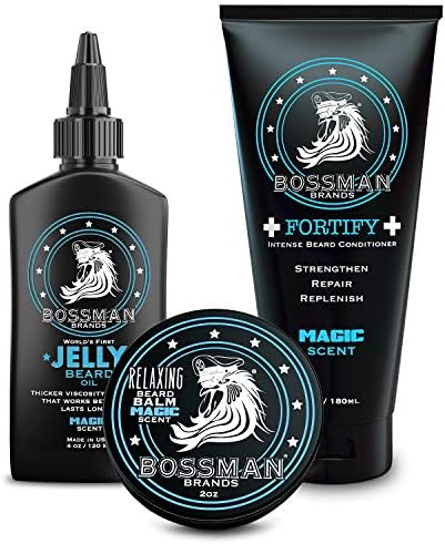 Bossman Essentials Beard Kit for Men - Beard Oil Jelly, Fortifying Conditioner Cream, Beard Balm - Grooming Growth Care Accessories (Magic)