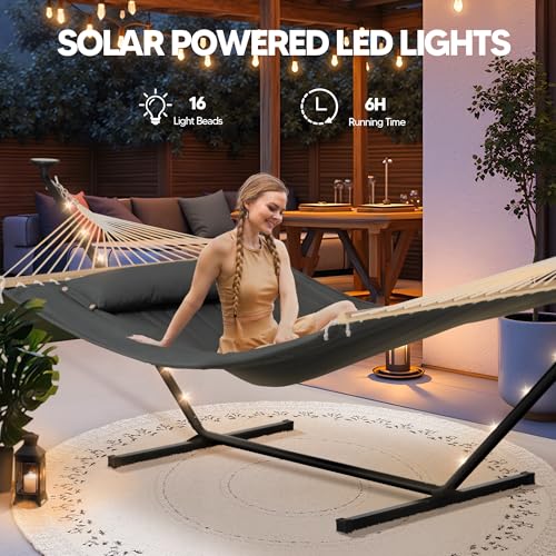 Image of SUNCREAT Double Hammock with 12 ft Stand, Solar Powered Lights Included, Outdoor Hammock for Outside, Dark Gray