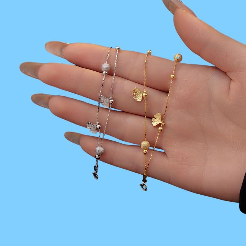 LYGXWJFC Armreif aus Sterlingsilber, Verstellbarer, modischer Federverschluss, hochwertiges Doppellagiges Ginkgoblatt-Armband aus 925er Sterlingsilber, Energieschmuck für Frauen