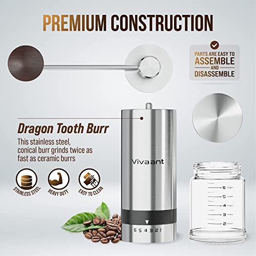 Vivaant Manual Coffee Grinder — Hand Coffee Grinder With Adjustable Dragon Tooth Stainless Steel Conical Burr, No-Power, Manual Coffee Grinder For Drip Coffee, Espresso, French Press, And More! #TOP4