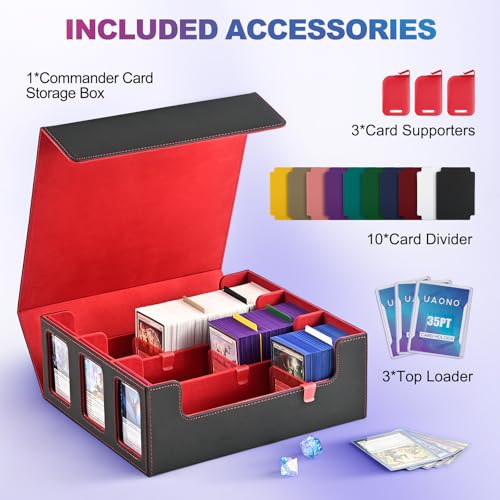 Image of UAONO Card Storage Box for Trading Cards, 1800+ Commander Deck Box for MTG with Display Window, Toploader Card Case fits Magic TCG PTCG Sports Cards; 10 Removable Divider, 3 Stoppers (Black, Red)