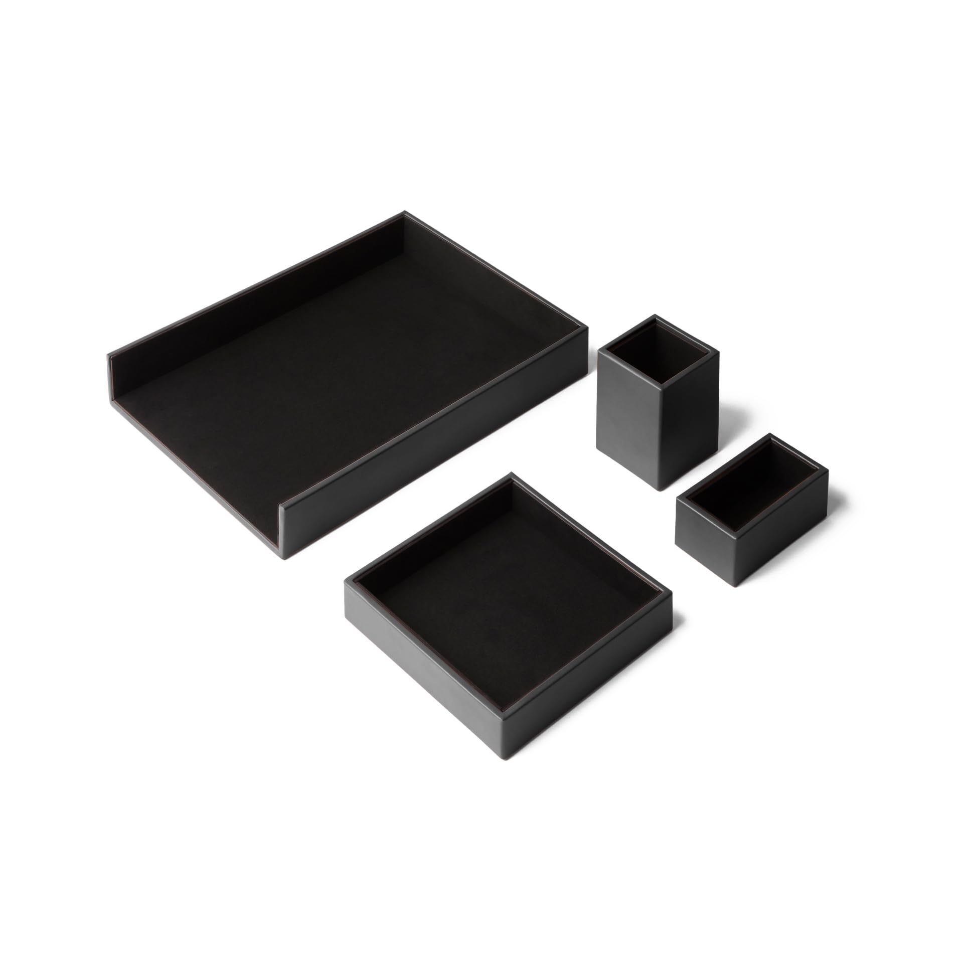 Eglooh - Minerva - Schreibtisch Set Leder Schwarz - Schreibtisch Zubehör mit 4 Stücken: Taschenleerer, Stiftehalter, Ablagefächer, Visitenkartenhalter - Made in Italy