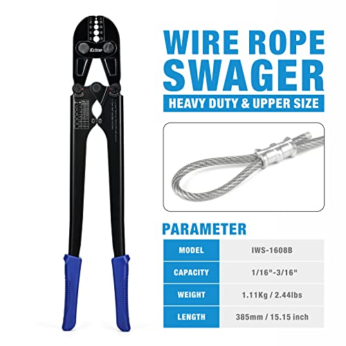Icrimp Iws-1608B Wire Rope Crimping Tool For Aluminum Loop Sleeves, Duplex Oval Cable Ferrules 1/16’’ To 3/16’’, C/W Wire Rope Cable Cutter #TOP1