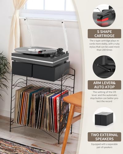 Image of Vinyl Record Player with External Speakers Belt-Drive Turntable for Vinyl Records Dual Stereo Speakers Vintage LP Players Support 3 Speed Wireless Playback AUX Headphone Input Auto Stop Wood Black