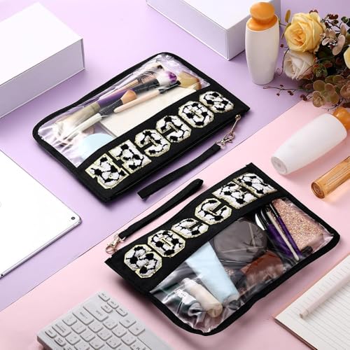 4 Pcs Soccer Bags Gifts Chenille Letter Makeup Bags with 4 Pins Preppy Clear Cosmetic Bag Waterproof Zipper Pouch for Girls Soccer Mom Player Lover Coach3
