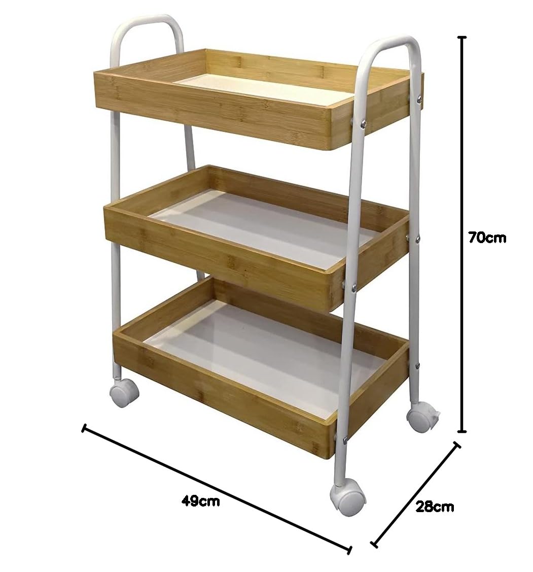 BAKAJI Carrello Trolley Cucina in Metallo con 3 Ripiani in legno e 4 Ruote girevoli a 360 Gradi con Freno Trolley Salvaspazio Arredamento Casa Cucina Dimensione 49 x 70 x 28 cm Design Moderno (Bianco)