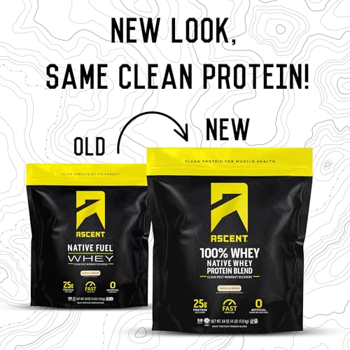 Image of Ascent 100% Whey, Native Whey Protein Blend - Clean Post Workout Recovery, Digesting, Zero Artificial Flavors & Sweeteners, Gluten Free, 5.5g BCAA, 2.6g Leucine, Vanilla Bean 4 lb.