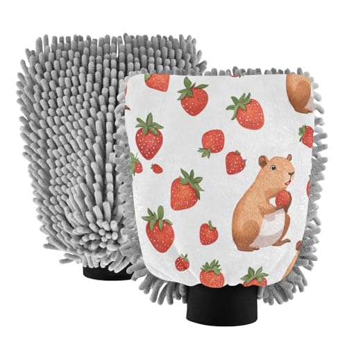 STAYTOP Cute Cartoon Capybara Car Wash Mitt Microfiber, 2Pcs Scratch Free Lint-Free, Premium Chenille Microfiber Mitt Car Wash Brush-M
