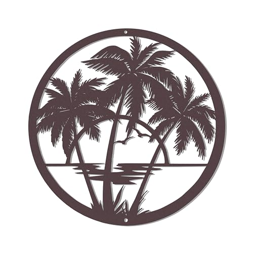 Palm Tree Wall Art & Tropical Decor - Metal Palm Tree Decor with Antique Brown Finish | Beach Bathroom & Coastal Outdoor Ready | Round Rust-Resistant Metal Wall Art for Home, Garden, Living Room, Bedroom