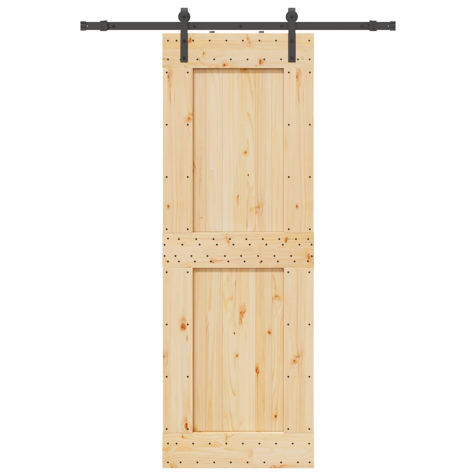 Puerta corredera Narvik de madera de pino maciza natural y negra, 80 x 210 cm, con riel de acero pulverizado de 152,5 cm, ahorra espacio para interiores y fácil montaje