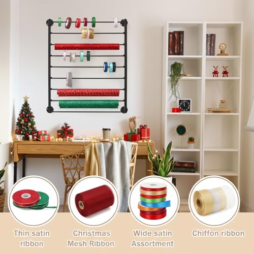 Image of Menkxi 9 Tier Wall Mounted Ribbon Organizer Metal Ribbon Holder Organizer Rack Wrapping Paper Storage for Sewing Craft Mesh Thread Tape Wreath Crochet Craft Room Flower Shop(Black)